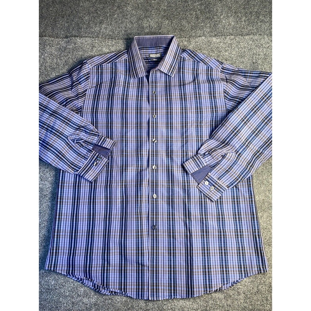 Kenneth Cole Reaction Dress Shirt Men Size 17 Purple Plaid Slim Fit Wrinkle Free